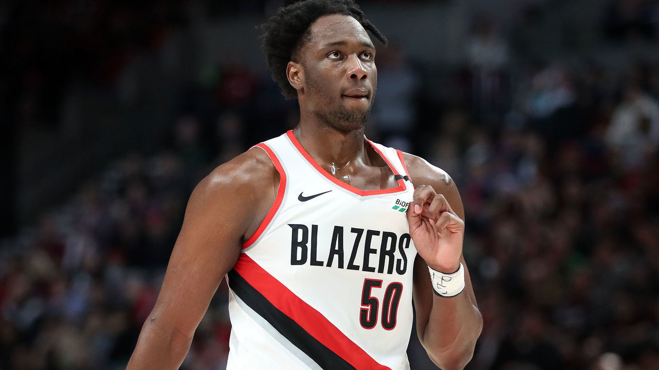 PORTLAND, OREGON - FEBRUARY 06: Caleb Swanigan #50 of the Portland Trail Blazers reacts in the second quarter against the San Antonio Spurs during their game at Moda Center on February 06, 2020 in Portland, Oregon.