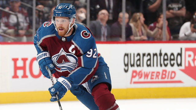 DENVER, COLORADO - MAY 25: Gabriel Landeskog #92 of the Colorado Avalanche skates against the St. Louis Blues in Game Five of the Second Round of the 2022 Stanley Cup Playoffs at Ball Arena on May 25, 2022 in Denver, Colorado.