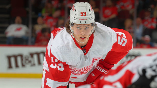 NEWARK, NJ - APRIL 24: Moritz Seider #53 of the Detroit Red Wings during the game against the New Jersey Devils on April 24, 2022 at the Prudential Center in Newark, New Jersey.