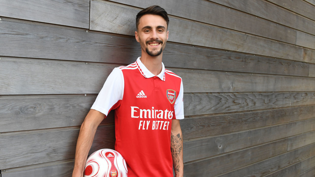 ST ALBANS, ENGLAND - JUNE 21: Arsenal Unveil new signing Fabio Vieira at London Colney on June 21, 2022 in St Albans, England.