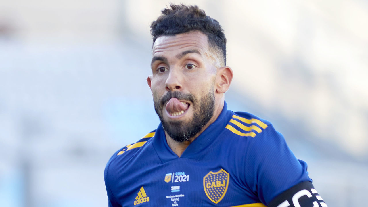 SAN JUAN, ARGENTINA - MAY 31: Carlos Tevez of Boca Juniors reacts during a semifinal match of Copa de la Liga Profesional 2021 between Boca Juniors and Racing Club at San Juan del Bicentenario Stadium on May 31, 2021 in San Juan, Argentina.
