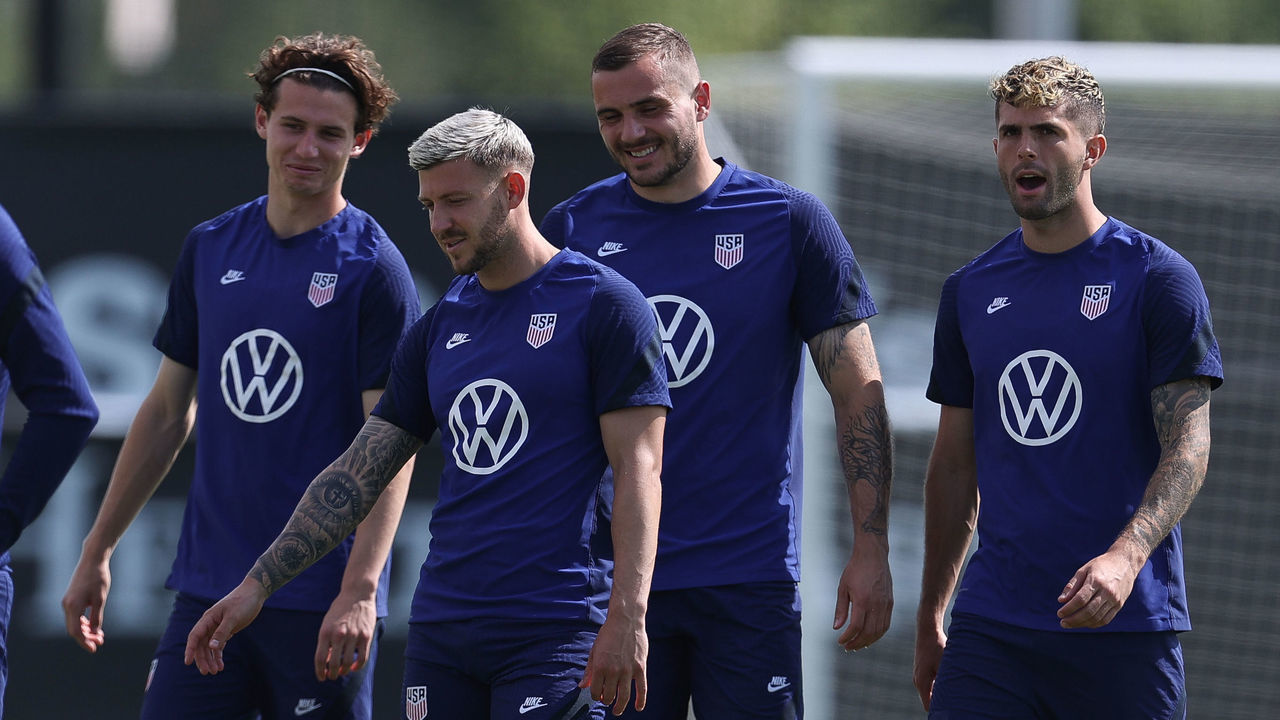 AUSTIN, TX - JUNE 09: Paul Arriola (C), Jordan Morris (C), and Christian Pulisic (R) of United States warm up during a training session ahead of a match between United States and Grenada at St. David's Performance Center on June 9, 2022 in Austin, Texas.