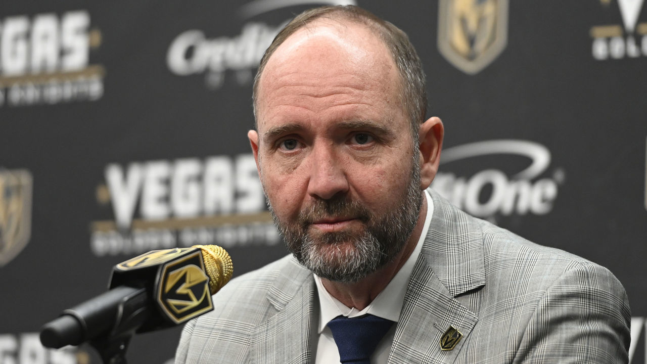 LAS VEGAS, NEVADA - APRIL 09: Vegas Golden Knights head coach Pete DeBoer speaks with media during a press conference after a victory over the Arizona Coyotes at T-Mobile Arena on April 09, 2022 in Las Vegas, Nevada.