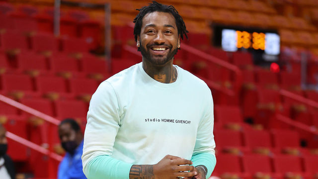 MIAMI, FLORIDA - MARCH 07: John Wall #1 of the Houston Rockets laughs prior to the game against the Miami Heat at FTX Arena on March 07, 2022 in Miami, Florida.