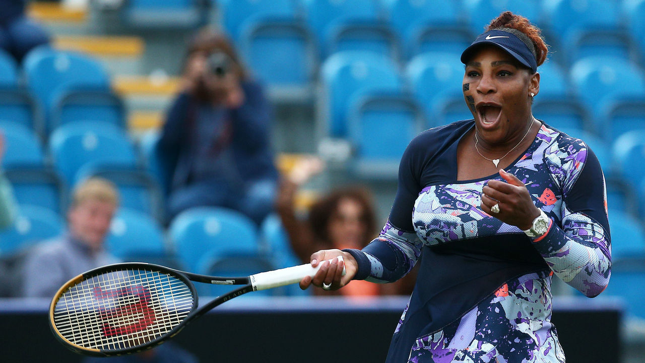 EASTBOURNE, ENGLAND - JUNE 21: Serena Williams of USA celebrates a point during their Doubles match against Sara Sorribes Tormo of Spain and Marie Bouzková of Czech Republic during Day Four of the Rothesay International Eastbourne at Devonshire Park on June 21, 2022 in Eastbourne, England.