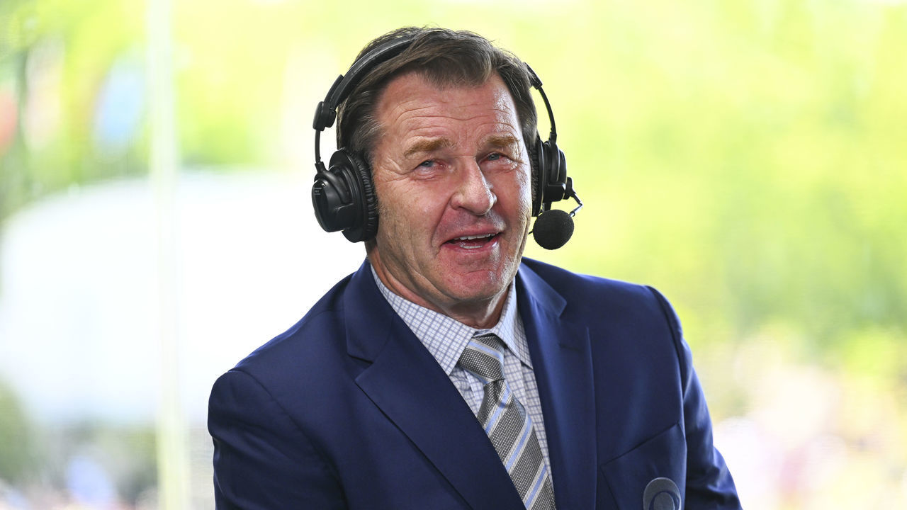 DUBLIN, OHIO - JUNE 04: Sir Nick Faldo of CBS Sports in the 18th hole booth during the third round of the Memorial Tournament presented by Workday at Muirfield Village Golf Club on June 4, 2022 in Dublin, Ohio.