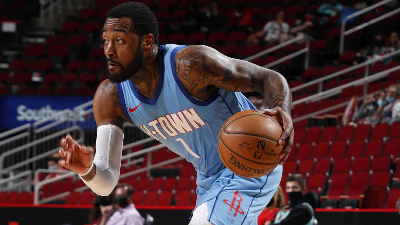 HOUSTON, TX - APRIL 21: John Wall #1 of the Houston Rockets dribbles the ball during the game against the Utah Jazz on April 21, 2021 at the Toyota Center in Houston, Texas. Mandatory Copyright Notice: Copyright 2021 NBAE