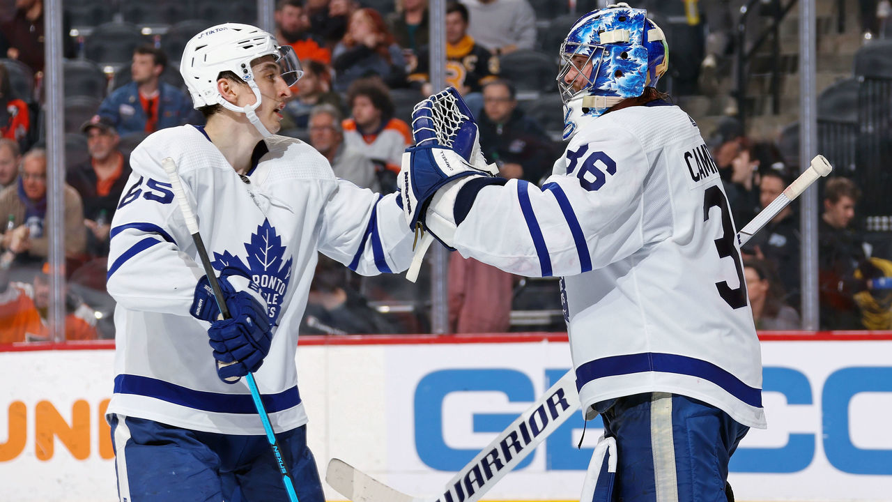 PHILADELPHIA, PA - APRIL 02: Ilya Mikheyev #65 and Jack Campbell #36 of the Toronto Maple Leafs celebrate after defeating the Philadelphia Flyers 6-3 at the Wells Fargo Center on April 2, 2022 in Philadelphia, Pennsylvania.