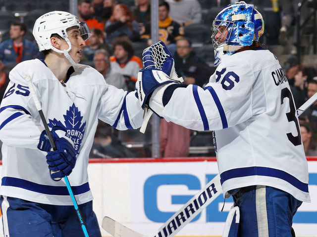PHILADELPHIA, PA - APRIL 02: Ilya Mikheyev #65 and Jack Campbell #36 of the Toronto Maple Leafs celebrate after defeating the Philadelphia Flyers 6-3 at the Wells Fargo Center on April 2, 2022 in Philadelphia, Pennsylvania.