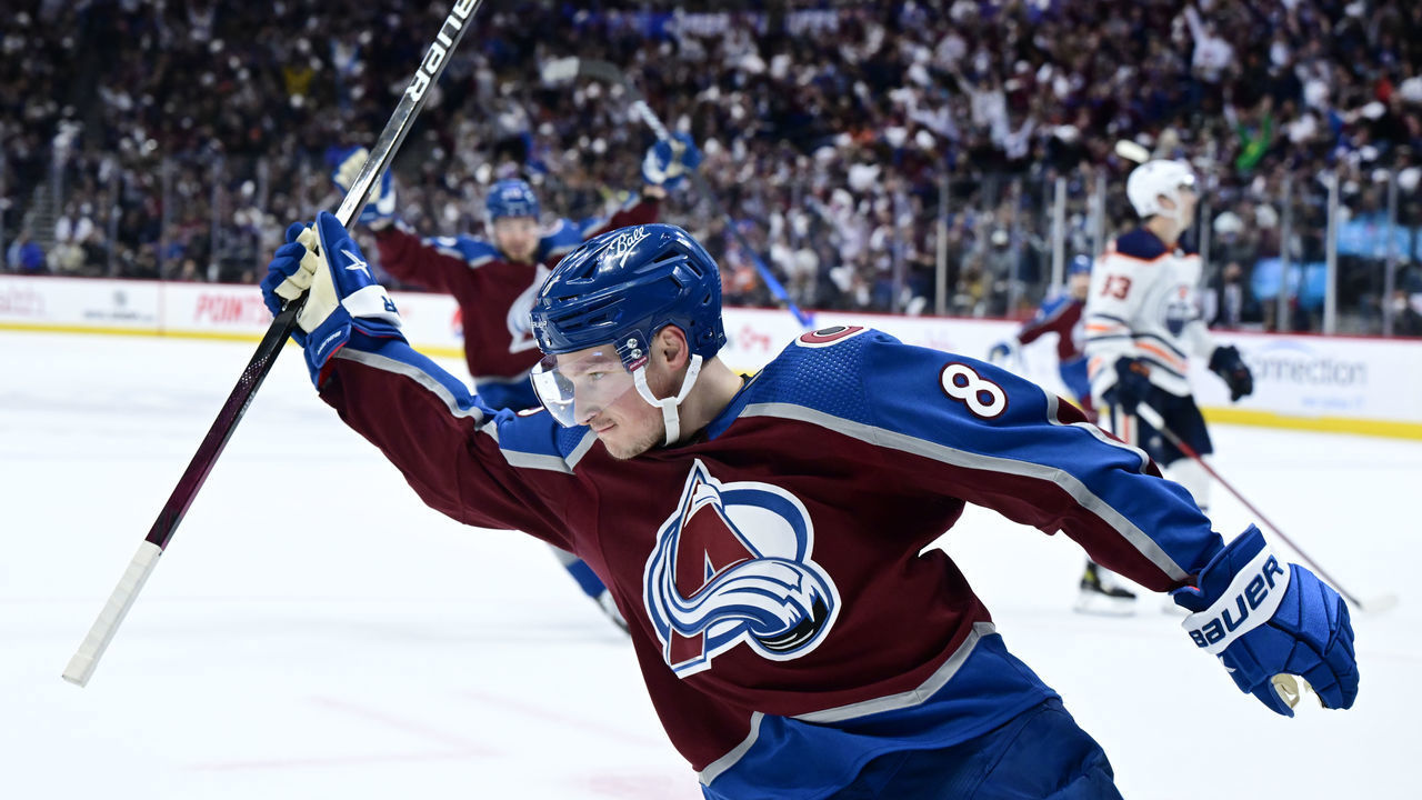 DENVER, CO - MAY 31: Colorado Avalanche defenseman Cale Makar (8) celebrates his goal against Edmonton Oilers goaltender Mike Smith (41) in the second period during game one of the NHL Stanley Cup Western Conference Finals at Ball Arena May 31, 2022.