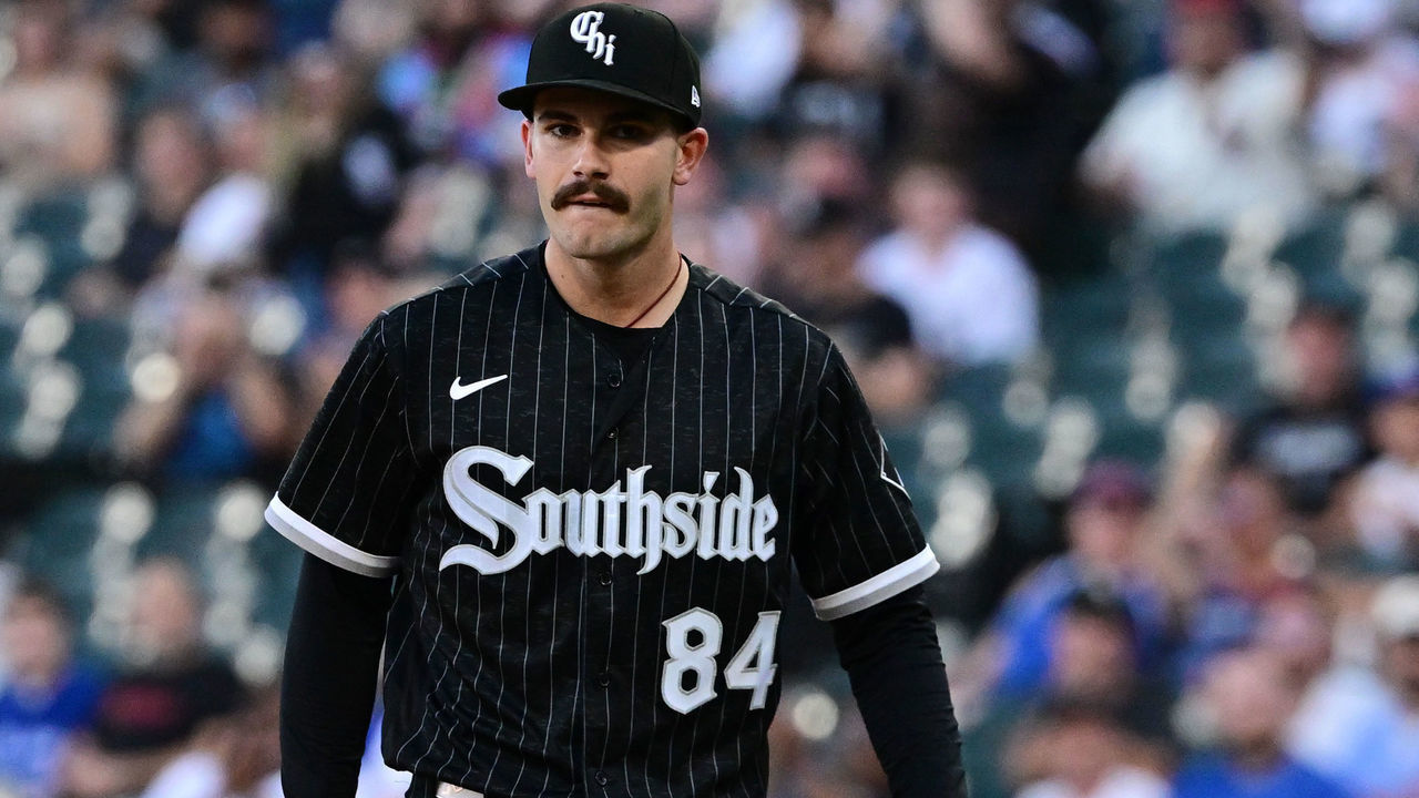 CHICAGO, ILLINOIS - JUNE 21: Starting pitcher Dylan Cease #84 of the Chicago White Sox reacts after his 100th career strikeout in the first inning against Vladimir Guerrero Jr. of the Toronto Blue Jays at Guaranteed Rate Field on June 21, 2022 in Chicago, Illinois.