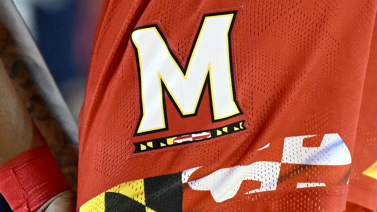 COLLEGE PARK, MARYLAND - FEBRUARY 21: The Maryland Terrapins logo on their uniform during the game against the Penn State Nittany Lions at Xfinity Center on February 21, 2022 in College Park, Maryland.