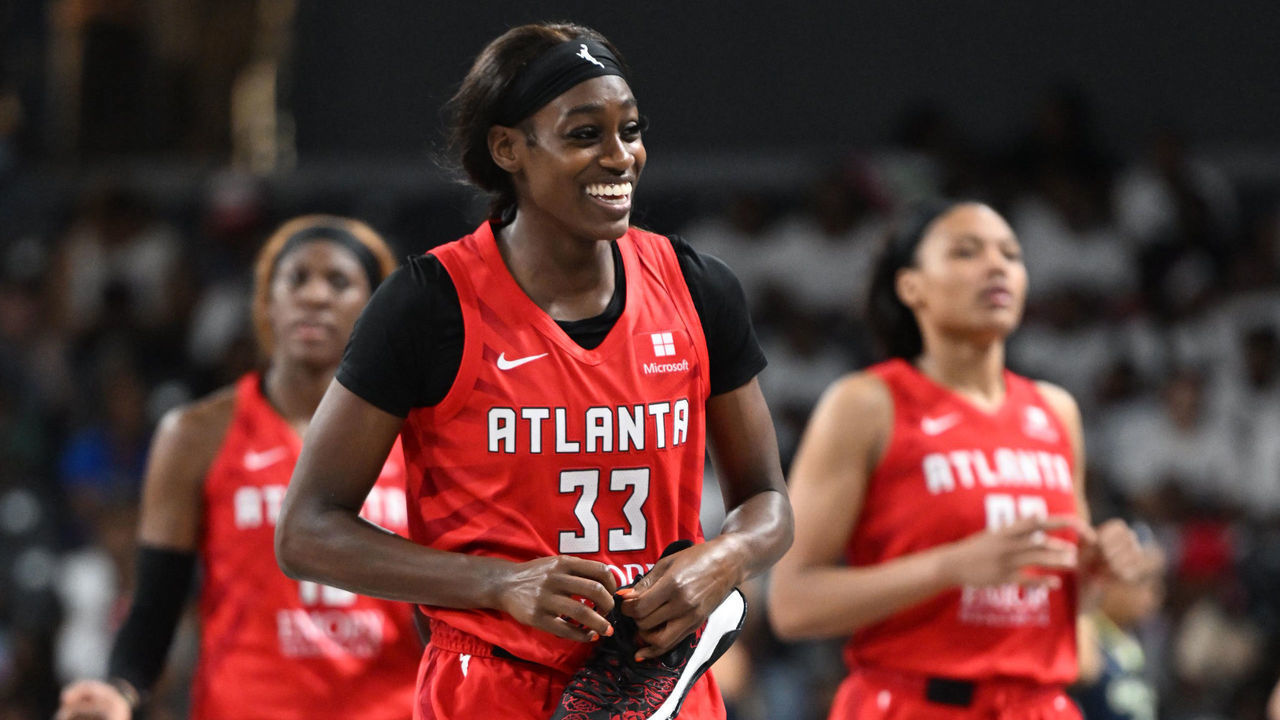COLLEGE PARK, GA - MAY 29: Maya Caldwell #33 of the Atlanta Dream looks on during the game against the Dallas Wings on May 29, 2022 at Gateway Center Arena in College Park, Georgia. NOTE TO USER: User expressly acknowledges and agrees that, by downloading and/or using this Photograph, user is consenting to the terms and conditions of the Getty Images License Agreement. Mandatory Copyright Notice: Copyright 2022 NBAE