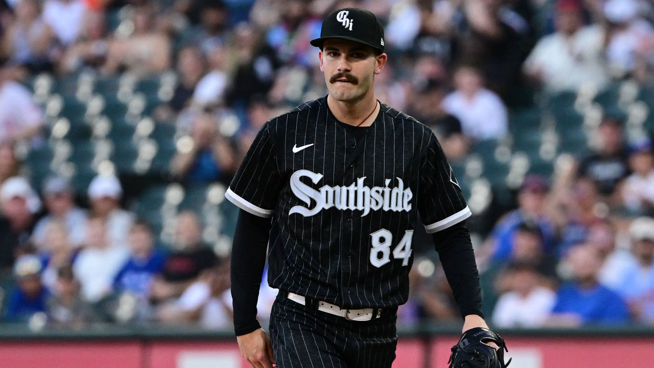CHICAGO, ILLINOIS - JUNE 21: Starting pitcher Dylan Cease #84 of the Chicago White Sox reacts after his 100th career strikeout in the first inning against Vladimir Guerrero Jr. of the Toronto Blue Jays at Guaranteed Rate Field on June 21, 2022 in Chicago, Illinois.