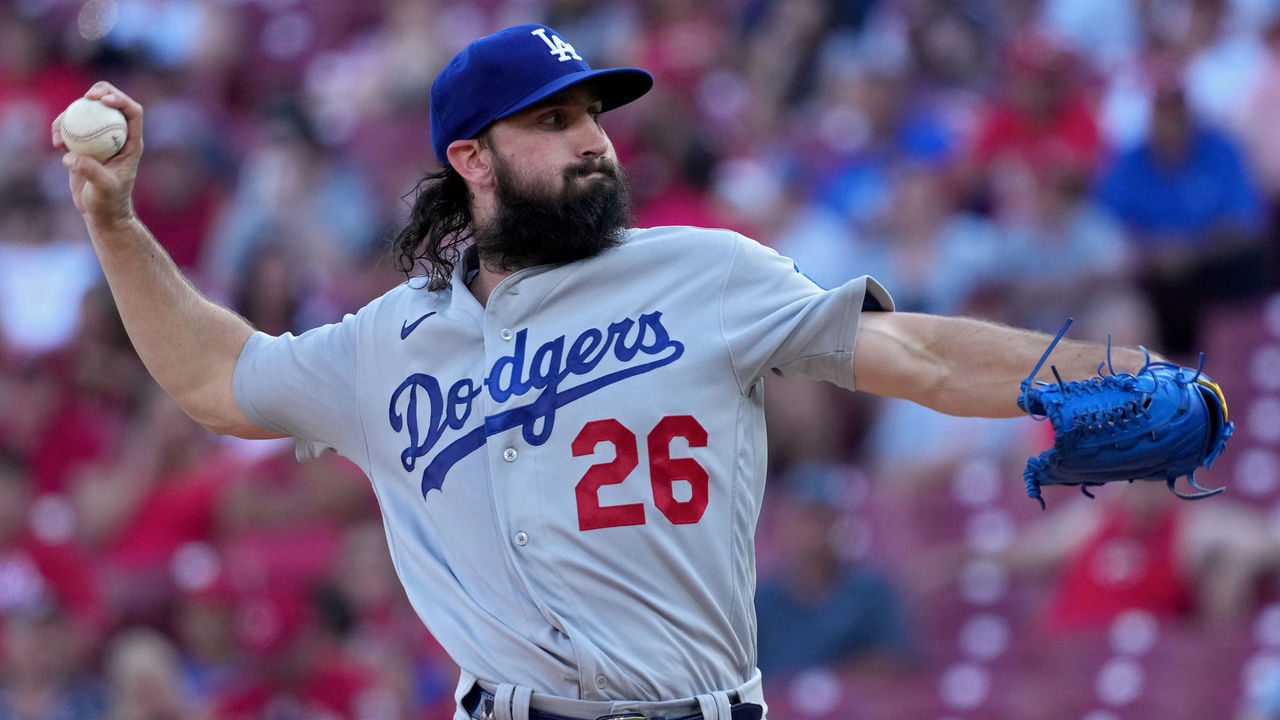 CINCINNATI, OHIO - JUNE 21: Tony Gonsolin #26 of the Los Angeles Dodgers pitches in the first inning against the Cincinnati Reds at Great American Ball Park on June 21, 2022 in Cincinnati, Ohio.