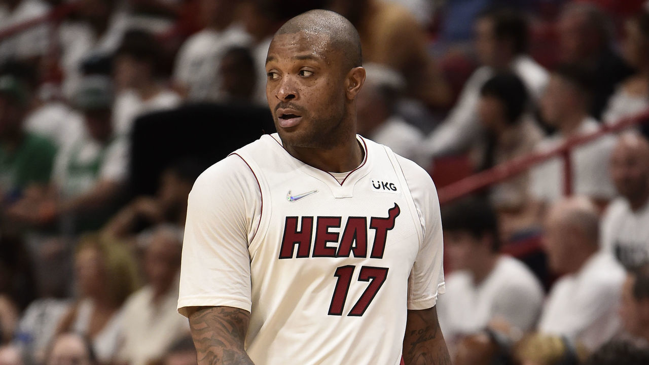MIAMI, FL - MAY 25: P.J. Tucker #17 of the Miami Heat looks on during Game 5 of the 2022 NBA Playoffs Eastern Conference Finals on May 25, 2022 at FTX Arena in Miami, Florida. Mandatory Copyright Notice: Copyright 2022 NBAE