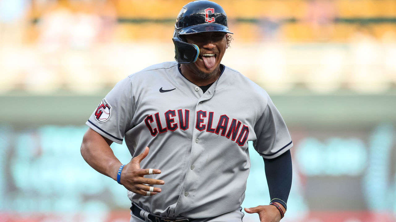 MINNEAPOLIS, MN - JUNE 21: Josh Naylor #22 of the Cleveland Guardians celebrates his two-run home run as he rounds the bases against the Minnesota Twins in the third inning at Target Field on June 21, 2022 in Minneapolis, Minnesota.