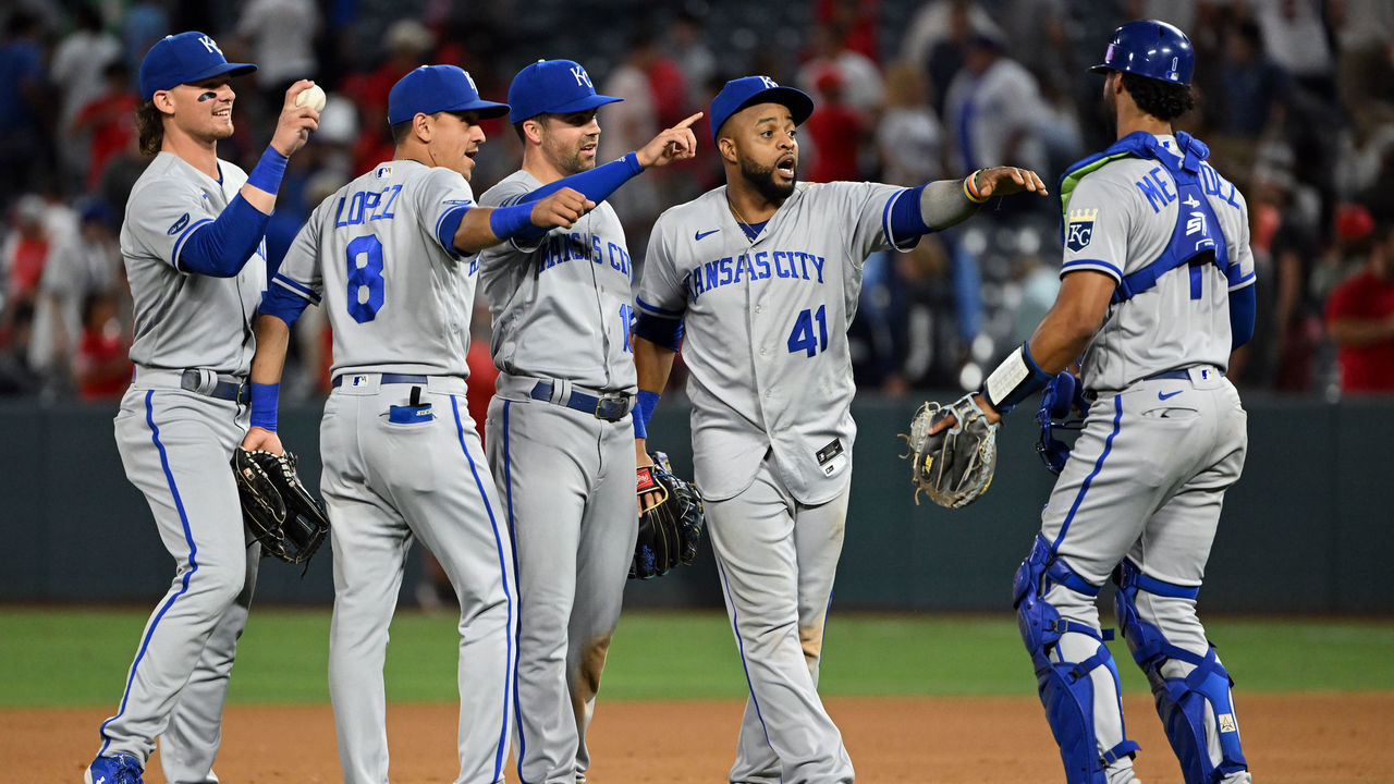 ANAHEIM, CA - JUNE 21: Kansas City Royals players on the field after the Royals defeated the Los Angeles Angels in extra innings 12 to 11 in an MLB baseball game played on June 21, 2022 at Angel Stadium in Anaheim, CA.