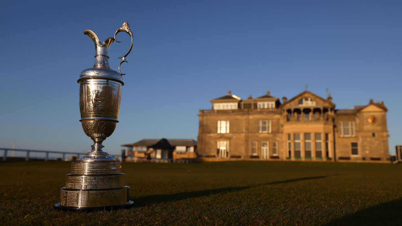 ST ANDREWS, SCOTLAND - APRIL 27: The Claret Jug sits on the first tee of The Old Course in front of the R&A Clubhouse at St Andrews on April 27, 2022 in St Andrews, Scotland. The 150th Open Championship will take place on The Old Course at St Andrews between the 14th and 17th July.
