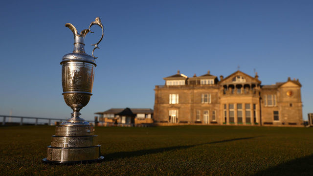 ST ANDREWS, SCOTLAND - APRIL 27: The Claret Jug sits on the first tee of The Old Course in front of the R&A Clubhouse at St Andrews on April 27, 2022 in St Andrews, Scotland. The 150th Open Championship will take place on The Old Course at St Andrews between the 14th and 17th July.
