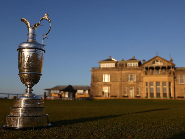 ST ANDREWS, SCOTLAND - APRIL 27: The Claret Jug sits on the first tee of The Old Course in front of the R&A Clubhouse at St Andrews on April 27, 2022 in St Andrews, Scotland. The 150th Open Championship will take place on The Old Course at St Andrews between the 14th and 17th July.