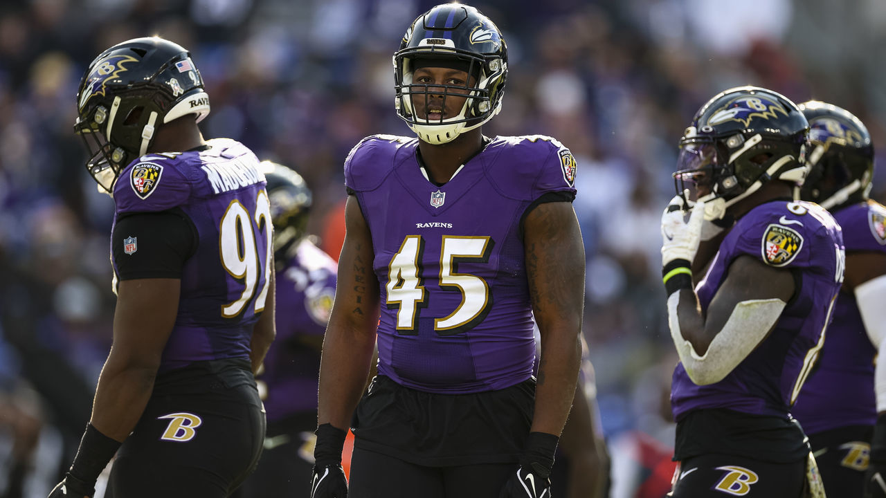 BALTIMORE, MD - NOVEMBER 07: Jaylon Ferguson #45 of the Baltimore Ravens looks on during the first half at M&T Bank Stadium on November 7, 2021 in Baltimore, Maryland. .