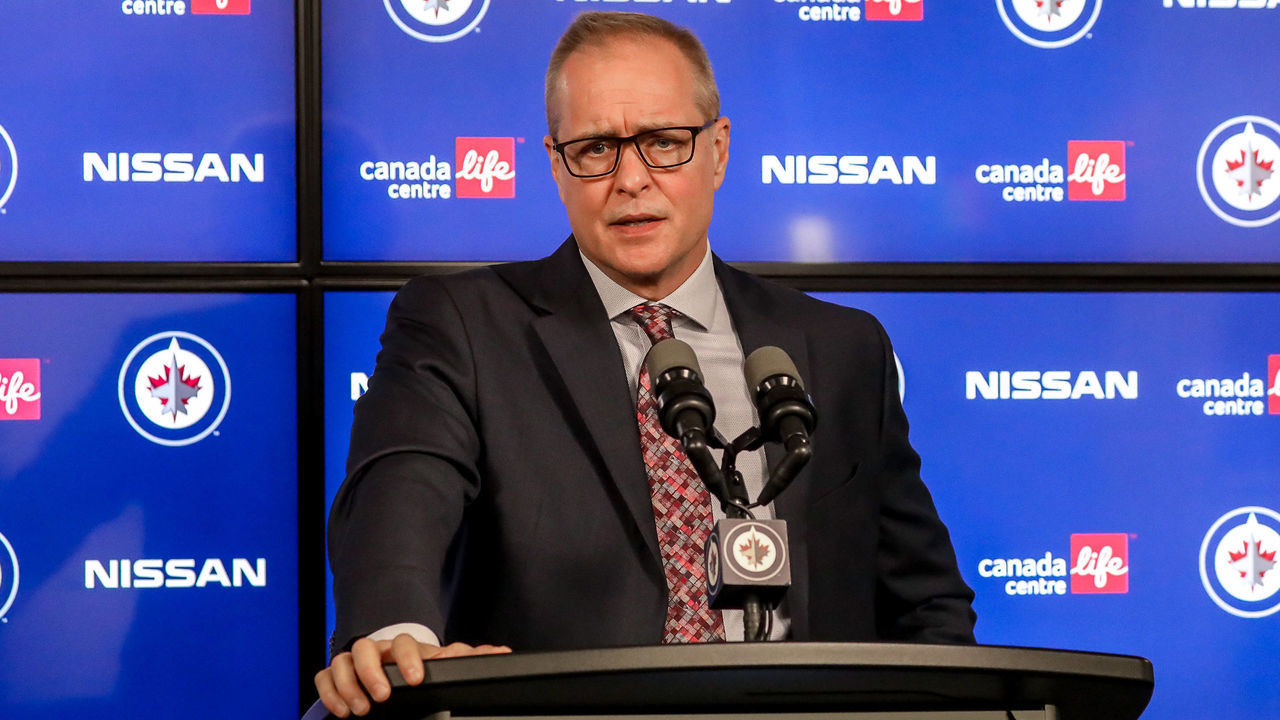 WINNIPEG, MB - NOVEMBER 6: Head Coach Paul Maurice of the Winnipeg Jets answers questions during the post-game press conference following a 2-0 loss to the New York Islanders at the Canada Life Centre on November 6, 2021 in Winnipeg, Manitoba, Canada.