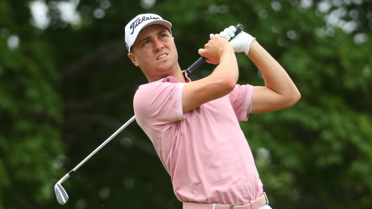 BROOKLINE, MASSACHUSETTS - JUNE 19: Justin Thomas of the United States plays his shot from the sixth tee during the final round of the 122nd U.S. Open Championship at The Country Club on June 19, 2022 in Brookline, Massachusetts.