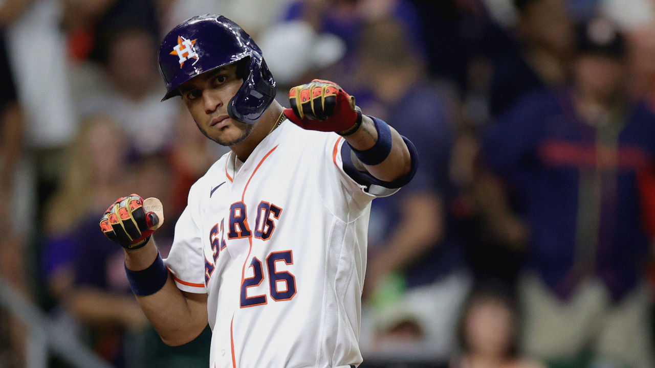 HOUSTON, TEXAS - JUNE 21: Jose Siri #26 of the Houston Astros hits a home run during the eighth inning against the New York Mets at Minute Maid Park on June 21, 2022 in Houston, Texas.