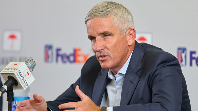 CROMWELL, CONNECTICUT - JUNE 22: PGA Tour Commissioner Jay Monahan addresses the media during a press conference prior to the Travelers Championship at TPC River Highlands on June 22, 2022 in Cromwell, Connecticut.