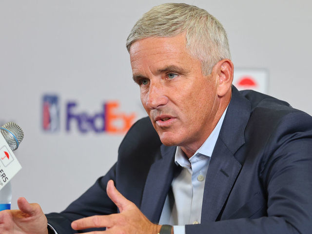 CROMWELL, CONNECTICUT - JUNE 22: PGA Tour Commissioner Jay Monahan addresses the media during a press conference prior to the Travelers Championship at TPC River Highlands on June 22, 2022 in Cromwell, Connecticut.