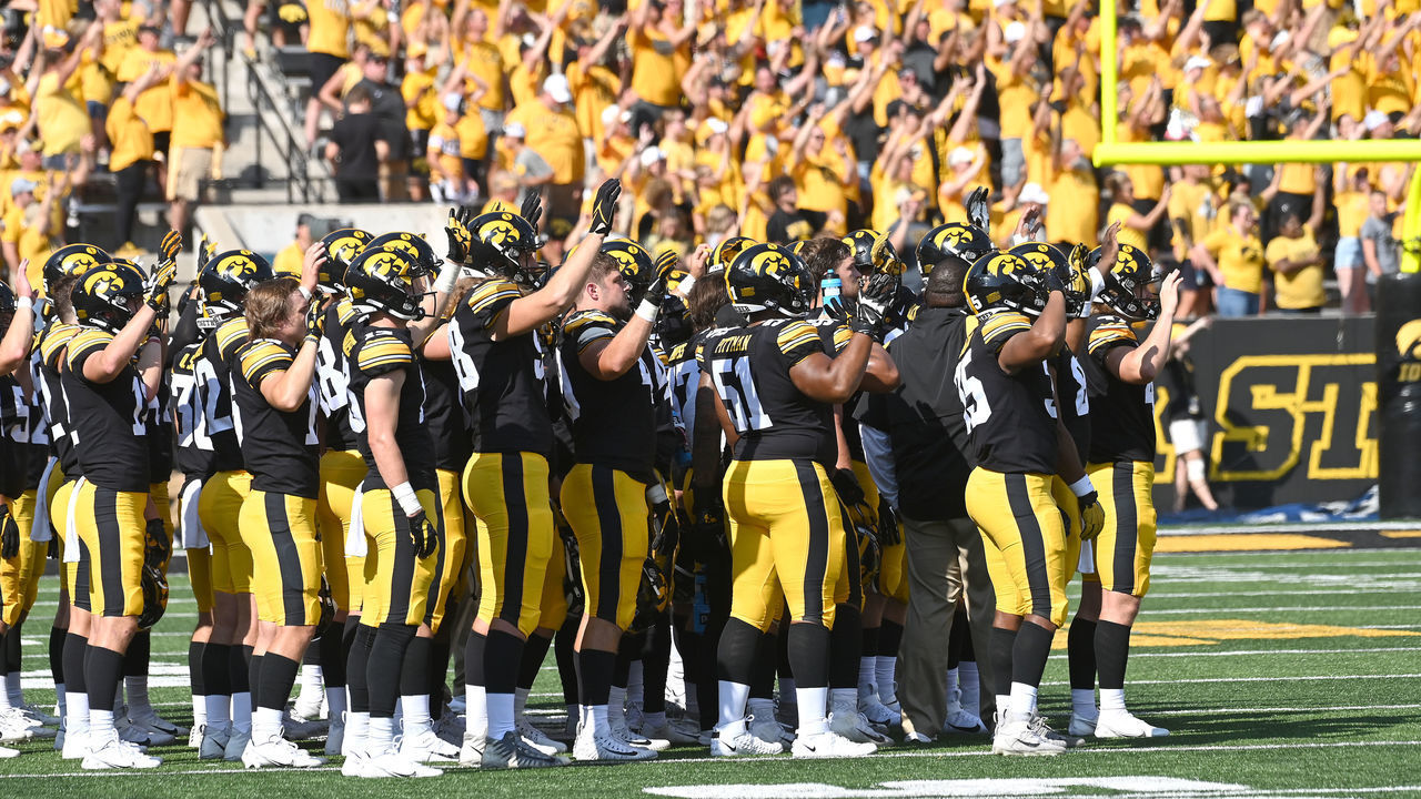IOWA CITY, IA - SEPTEMBER 18: Iowa players wave to the children in the nearby Iowa Children's Hospital after the first quarter during a college football game between the Kent State Golden Flashes and the Iowa Hawkeyes on September 18, 2021, at Kinnick Stadium, Iowa City, IA. ,