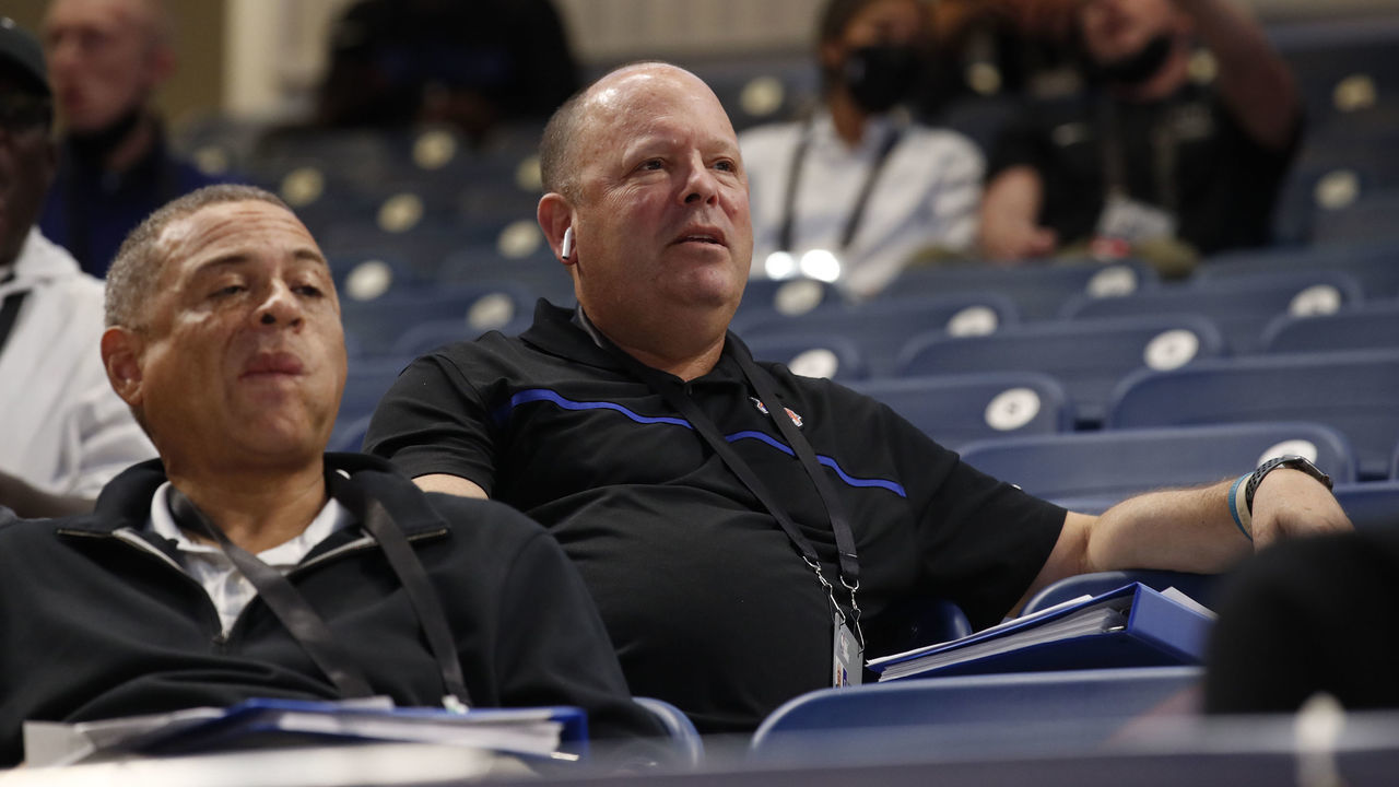CHICAGO, IL - JUNE 24: President Leon Rose, and General Manager Scott Perry of the New York Knicks look on during the 2021 NBA Draft Combine on June 24, 2021 at the Wintrust Arena in Chicago, Illinois. Mandatory Copyright Notice: Copyright 2021 NBAE