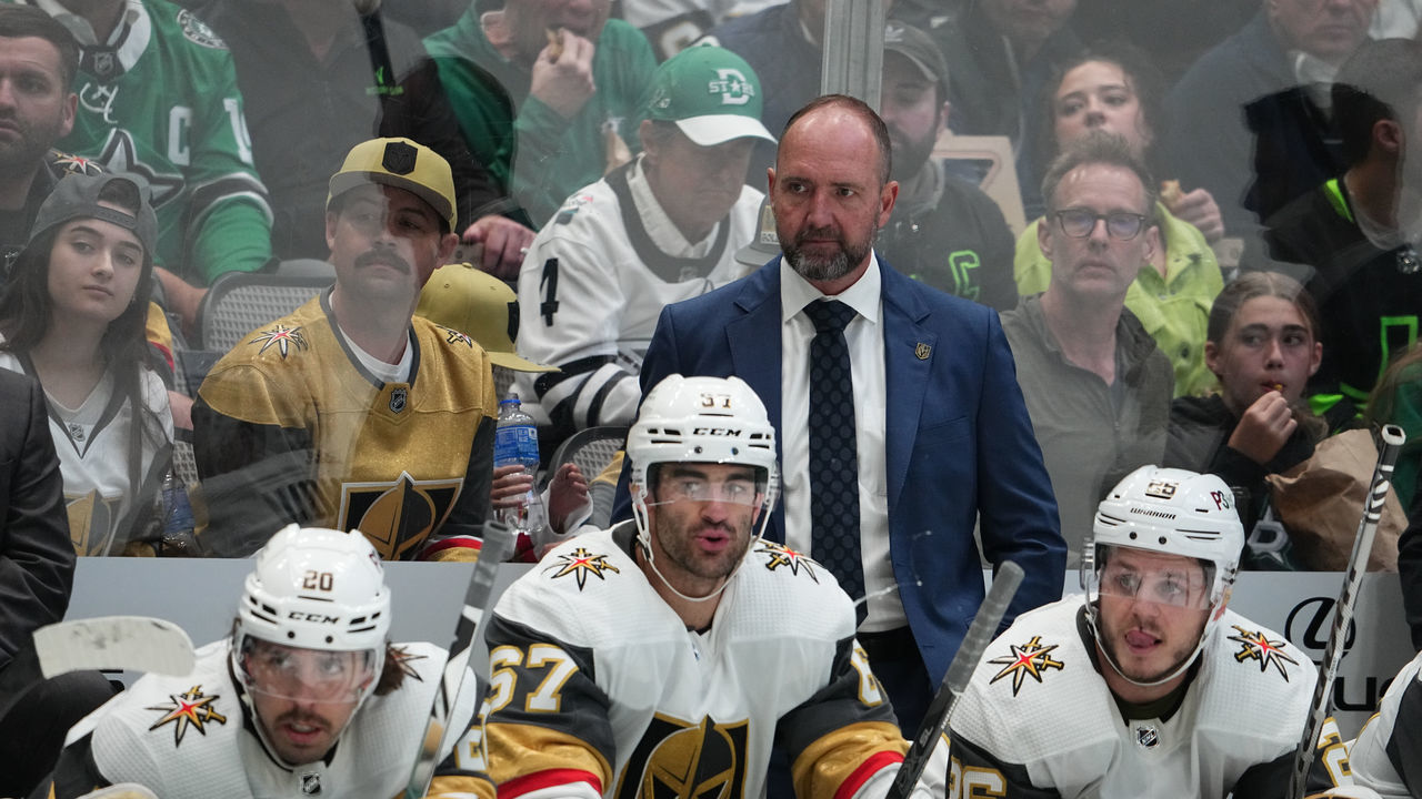 DALLAS, TX - APRIL 26: Pete DeBoer of the Vegas Golden Knights watches the action from behind the bench against the Dallas Stars at the American Airlines Center on April 26, 2022 in Dallas, Texas.