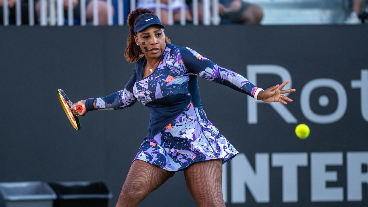 EASTBOURNE, ENGLAND - JUNE 22: Serena Williams of the United States during the Women's doubles quarter final playing alongside Ons Jabeur of Tunisia against Shuko Aoyama of Japan and Hao-Ching Chan of Chinese Taipei on Day Five of Rothesay International Eastbourne at Devonshire Park on June 22, 2022 in Eastbourne, England at Devonshire Park on June 22, 2022 in Eastbourne, England.
