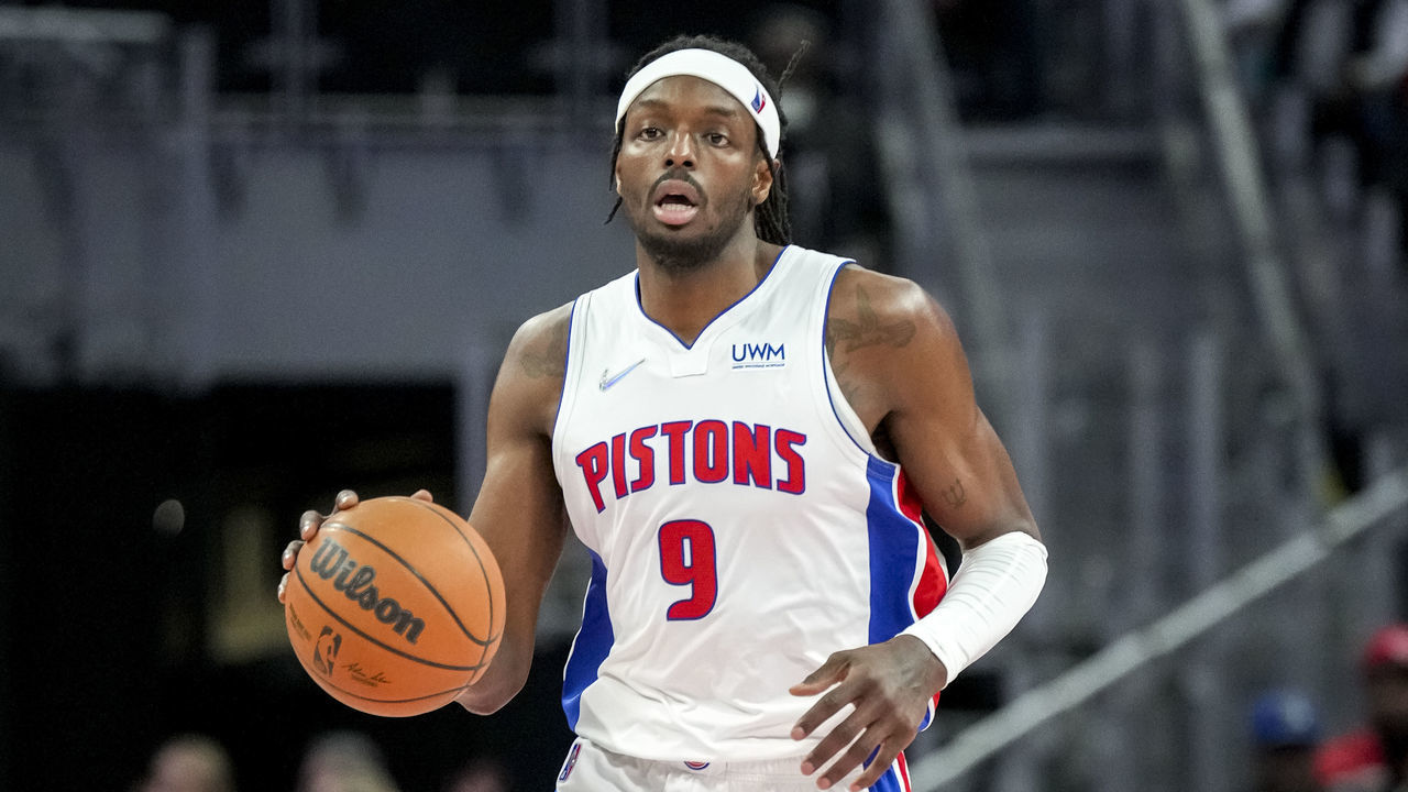 DETROIT, MICHIGAN - MARCH 23: Jerami Grant #9 of the Detroit Pistons handles the ball against the Atlanta Hawks during the third quarter at Little Caesars Arena on March 23, 2022 in Detroit, Michigan.