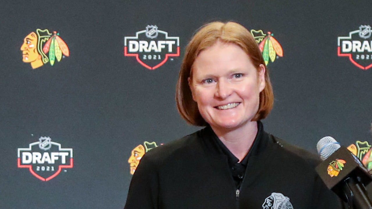 CHICAGO, ILLINOIS - JULY 23: Director of Hockey Administration and Amateur Scout Meghan Hunter makes the 32nd pick during first round of the 2021 NHL Entry Draft at Fifth Third Arena selecting Nolan Allan on July 23, 2021 in Chicago, Illinois.
