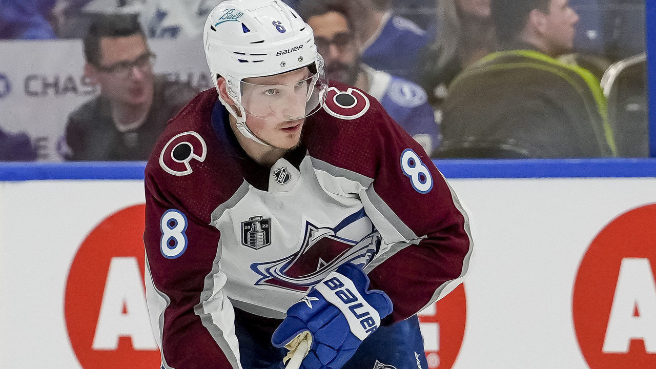 TAMPA, FL - JUNE 20: Colorado Avalanche defenseman Cale Makar (8) skates with the puck during the NHL Hockey Stanley Cup Finals Game 3 between Tampa Bay Lightning and the Colorado Avalanche on June 20th, 2022 at Amalie Arena in Tampa Florida