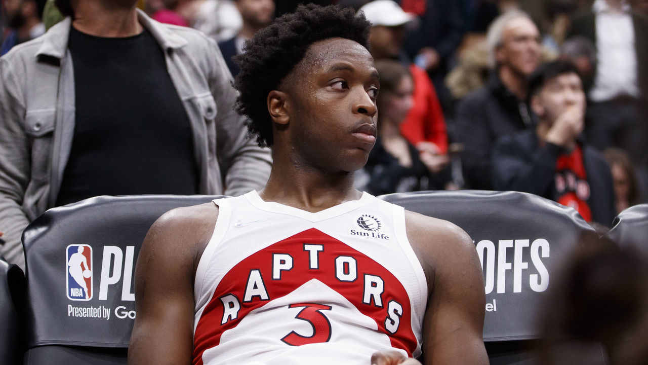 TORONTO, ON - APRIL 28: OG Anunoby #3 of the Toronto Raptors sits dejected on the bench in the fourth quarter in Game Six of the Eastern Conference First Round against the Philadelphia 76ers Scotiabank Arena on April 28, 2022 in Toronto, Canada.