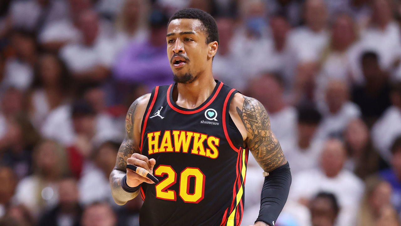 MIAMI, FLORIDA - APRIL 19: John Collins #20 of the Atlanta Hawks in action against the Miami Heat during the second quarter in Game Two of the Eastern Conference First Round at FTX Arena on April 19, 2022 in Miami, Florida.