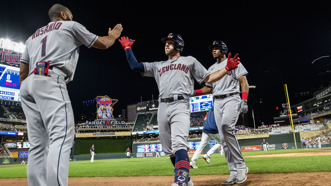 MINNEAPOLIS, MN - JUNE 22: Owen Miller #6 of the Cleveland Guardians celebrates after hitting a sacrifice fly to take the lead in the ninth inning of the game against the Minnesota Twins at Target Field on June 22, 2022 in Minneapolis, Minnesota.