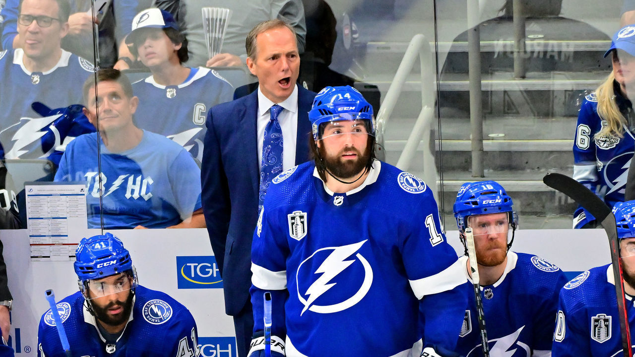 TAMPA, FLORIDA - JUNE 22: Head Coach Jon Cooper and Pat Maroon #14 of the Tampa Bay Lightning react during the third period against the Colorado Avalanche in Game Four of the 2022 NHL Stanley Cup Final at Amalie Arena on June 22, 2022 in Tampa, Florida.