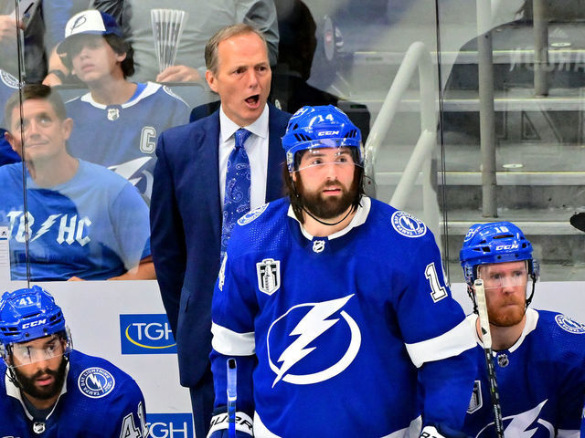 TAMPA, FLORIDA - JUNE 22: Head Coach Jon Cooper and Pat Maroon #14 of the Tampa Bay Lightning react during the third period against the Colorado Avalanche in Game Four of the 2022 NHL Stanley Cup Final at Amalie Arena on June 22, 2022 in Tampa, Florida.