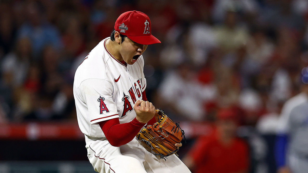 ANAHEIM, CALIFORNIA - JUNE 22: Shohei Ohtani #17 of the Los Angeles Angels reacts after the third out against the Kansas City Royals in the seventh inning at Angel Stadium of Anaheim on June 22, 2022 in Anaheim, California.