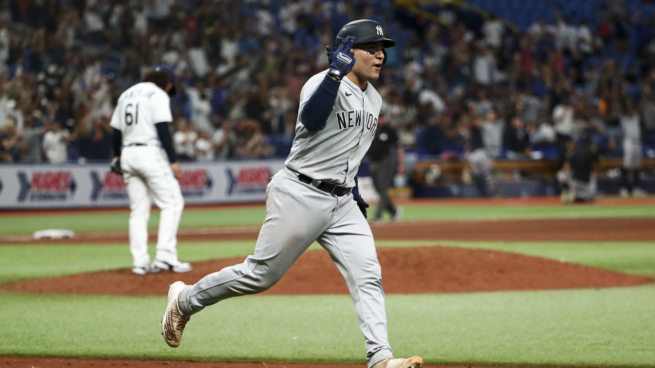ST PETERSBURG, FL - JUNE 22: Jose Trevino #39 of the New York Yankees celebrates his two-run home run on the base paths in the eighth inning to take the lead against the Tampa Bay Rays at Tropicana Field on June 22, 2022 in St Petersburg, Florida.
