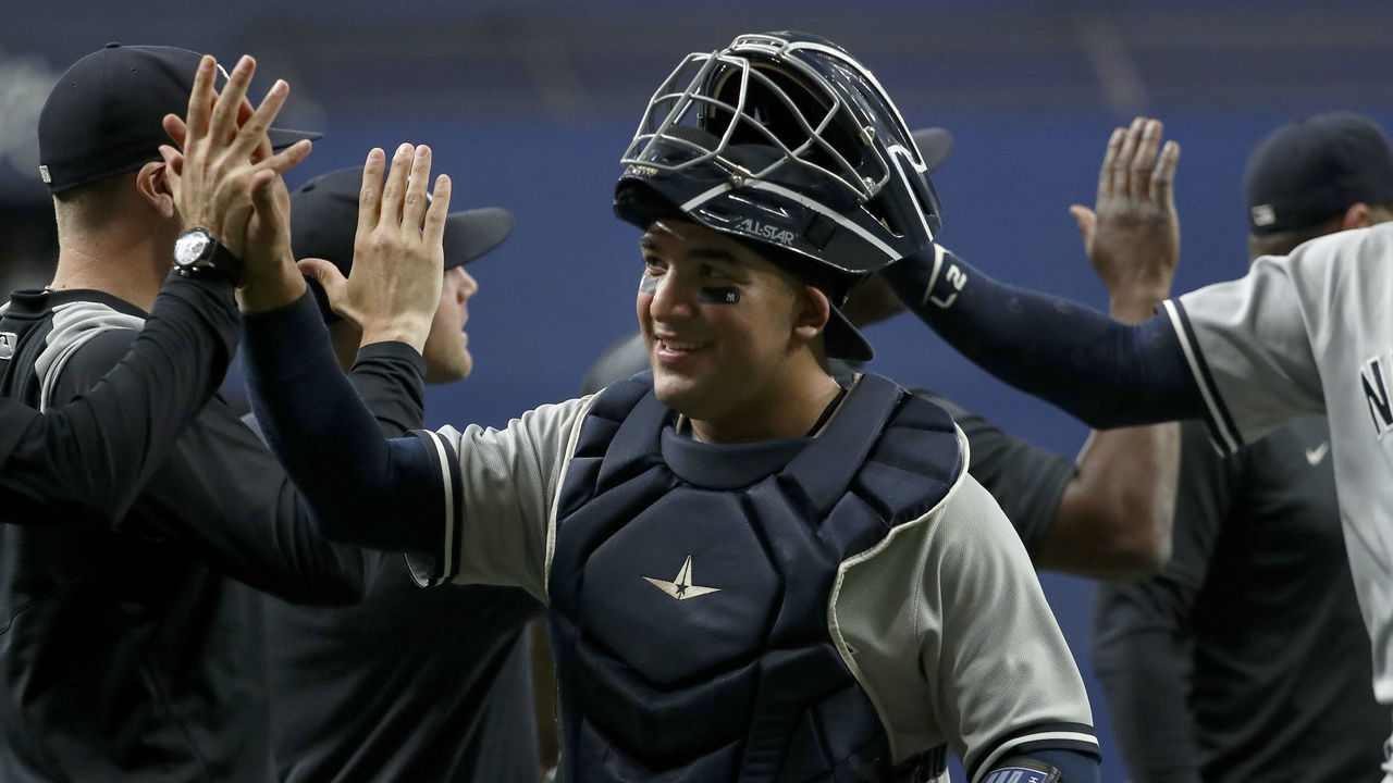 ST PETERSBURG, FL - JUNE 22: Jose Trevino #39 of the New York Yankees celebrates a 5-4 win over the Tampa Bay Rays at Tropicana Field on June 22, 2022 in St Petersburg, Florida.