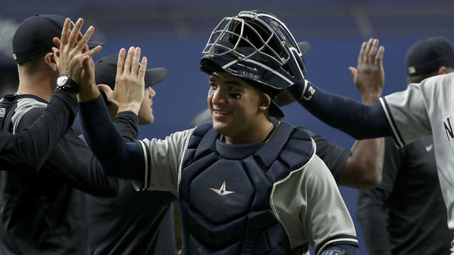 ST PETERSBURG, FL - JUNE 22: Jose Trevino #39 of the New York Yankees celebrates a 5-4 win over the Tampa Bay Rays at Tropicana Field on June 22, 2022 in St Petersburg, Florida.