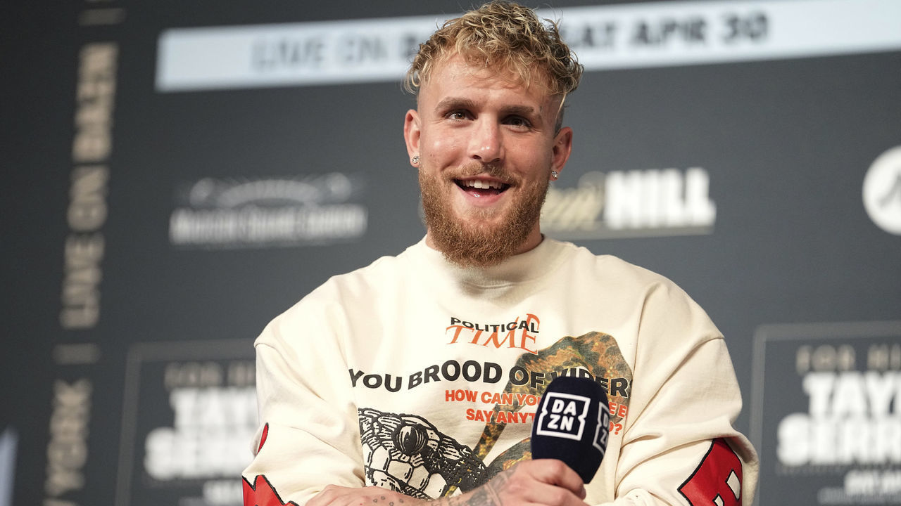 Boxing: Promoter Jake Paul speaks during the Weigh-In leading up to the World Lightweight Title fight between Katie Taylor and Amanda Serrano at The Hulu Theater at Madison Square Garden. New York City, NY 4/29/2022 CREDIT: Erick W. Rasco (Set Number: X164036 TK1)
