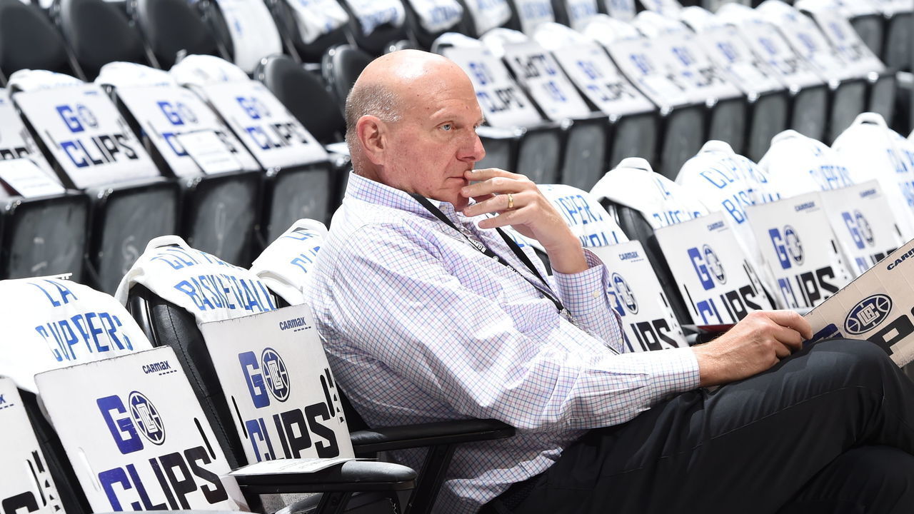 LOS ANGELES, CA - APRIL 15: Owner, Steve Ballmer of the LA Clippers attends the game between the New Orleans Pelicans and the LA Clippers during the 2022 Play-In Tournament on April 15, 2022 at Crypto.Com Arena in Los Angeles, California. NOTE TO USER: User expressly acknowledges and agrees that, by downloading and/or using this Photograph, user is consenting to the terms and conditions of the Getty Images License Agreement. Mandatory Copyright Notice: Copyright 2022 NBAE