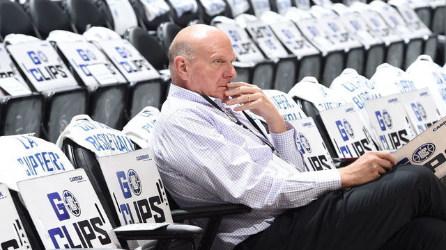 LOS ANGELES, CA - APRIL 15: Owner, Steve Ballmer of the LA Clippers attends the game between the New Orleans Pelicans and the LA Clippers during the 2022 Play-In Tournament on April 15, 2022 at Crypto.Com Arena in Los Angeles, California. NOTE TO USER: User expressly acknowledges and agrees that, by downloading and/or using this Photograph, user is consenting to the terms and conditions of the Getty Images License Agreement. Mandatory Copyright Notice: Copyright 2022 NBAE